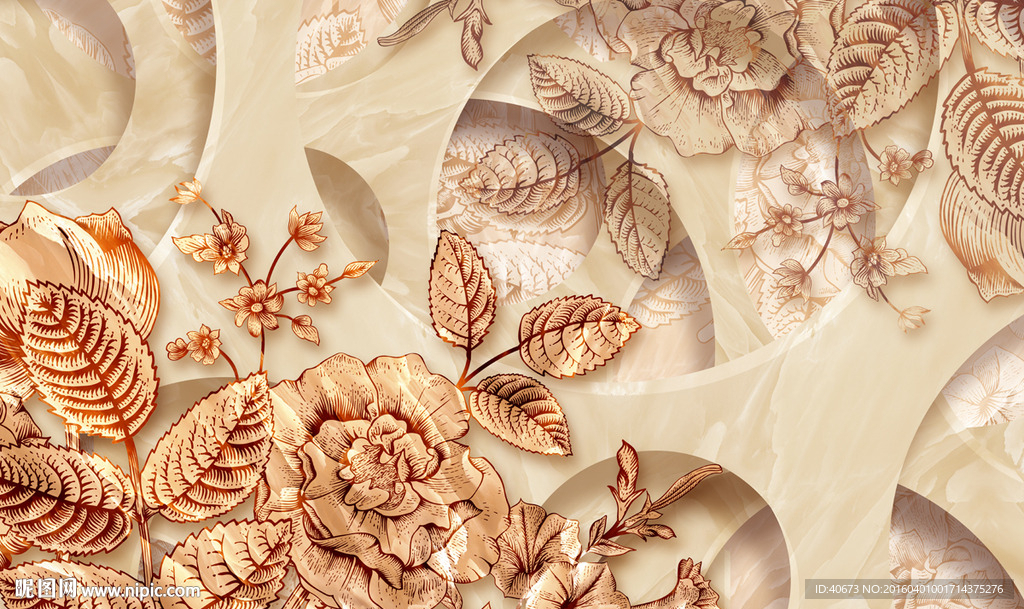 复古手绘花卉大理石浮雕艺术背景