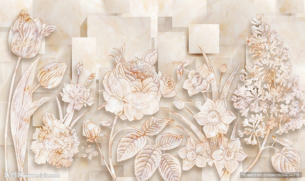 手绘花绘大理石纹浮雕背景墙