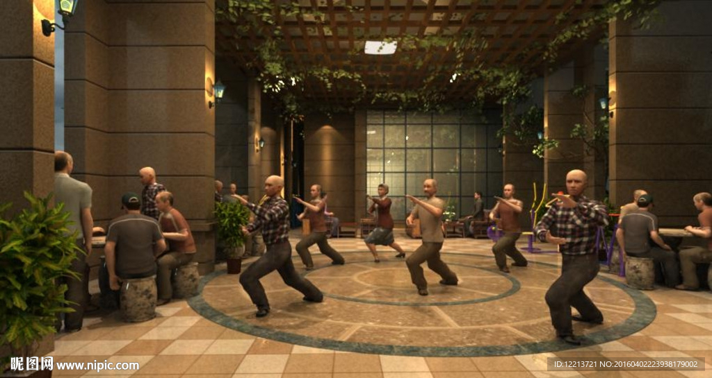 室内练太极下棋