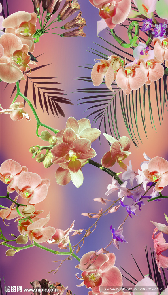 棕榈叶兰花热带雨林数码印花图案