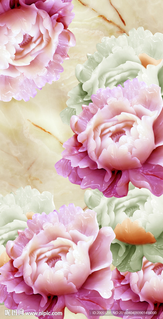 3d玉雕牡丹背景墙