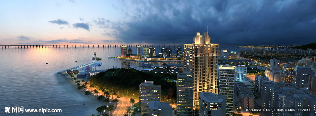 鸟瞰黄昏城市海边夜景动画镜头