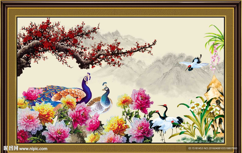 花开富贵孔雀图