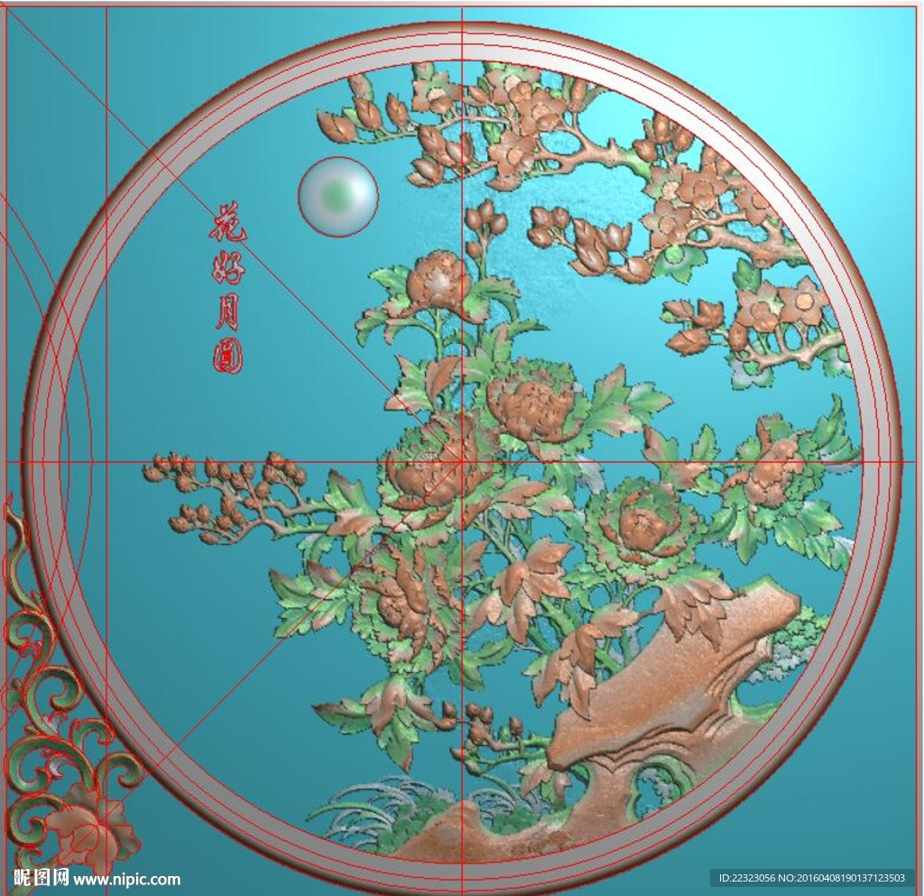 花好月圆牡丹花挂屏精雕浮雕灰度