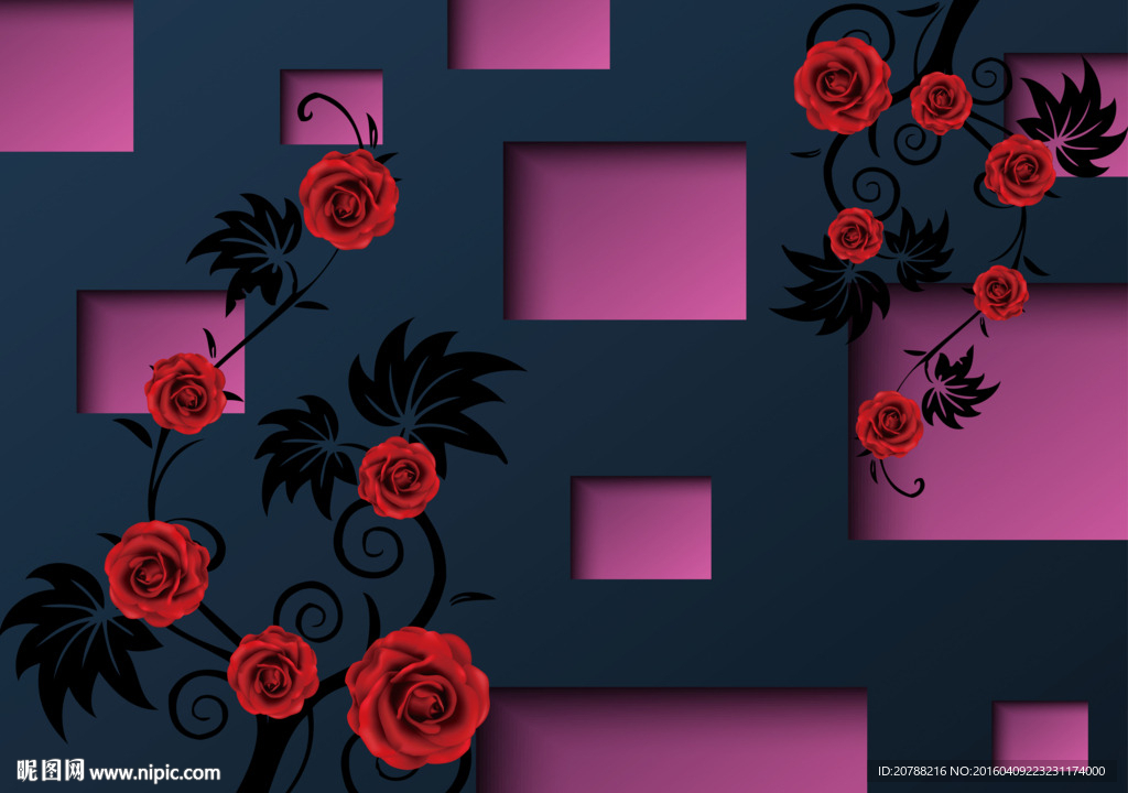 3D方格背景花藤红玫瑰绚丽壁纸