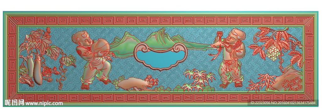 山水童子床头柜抽斗精雕浮雕灰度
