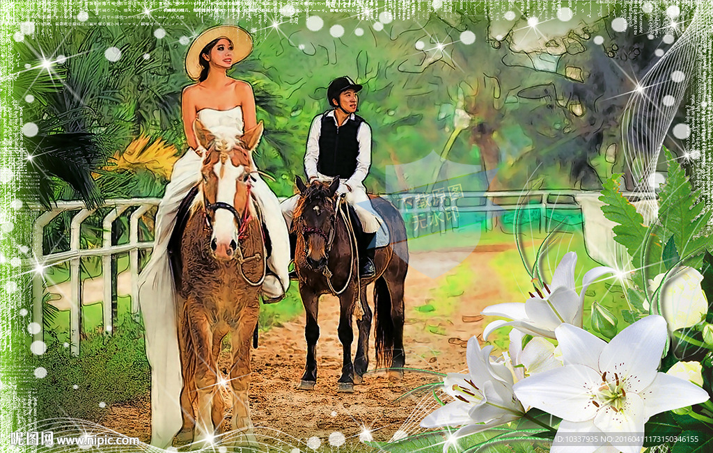 骑马情侣插画分层