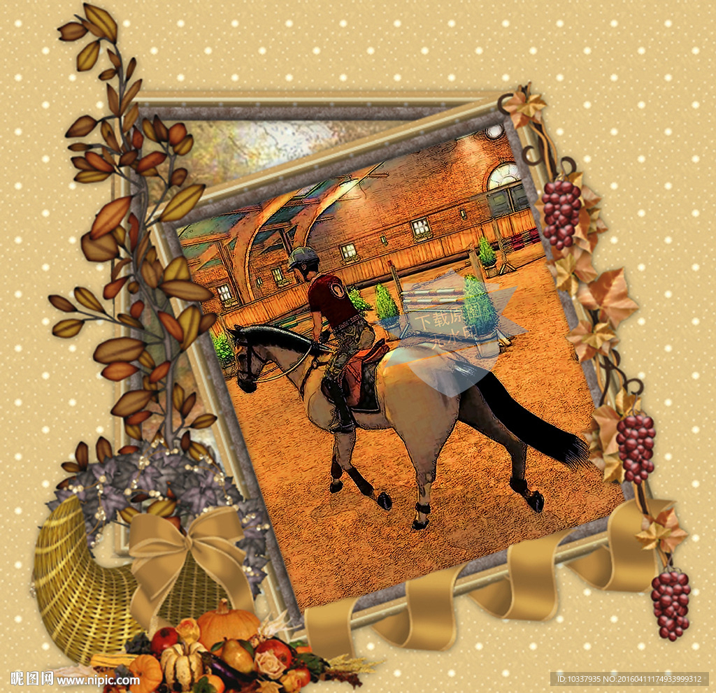 赛马水彩插画分层