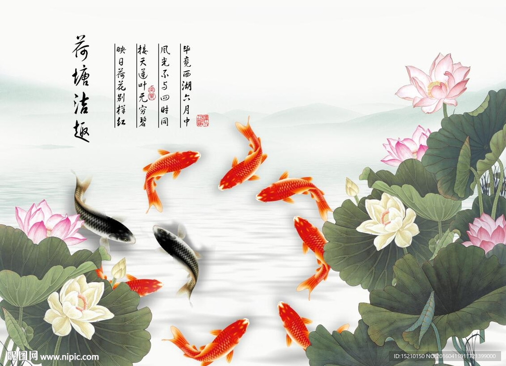 荷花九鱼图
