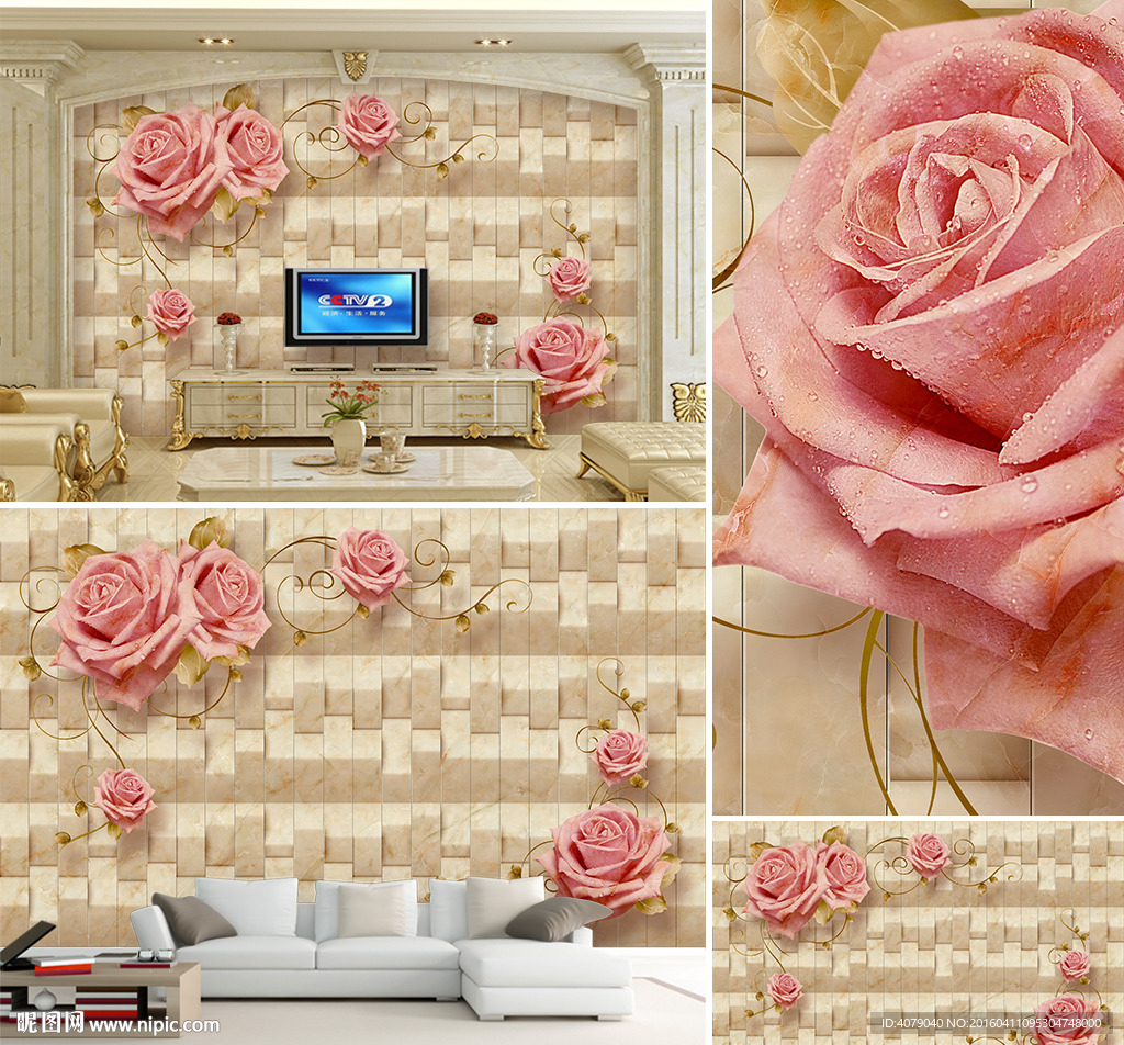 大理石浮雕玫瑰电视背景墙