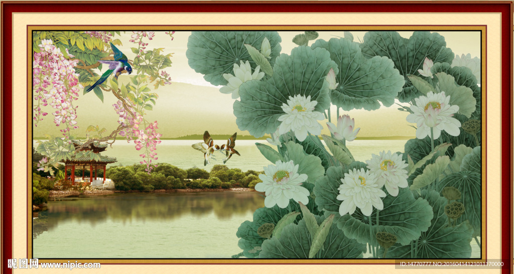 荷花风景画 江南花鸟