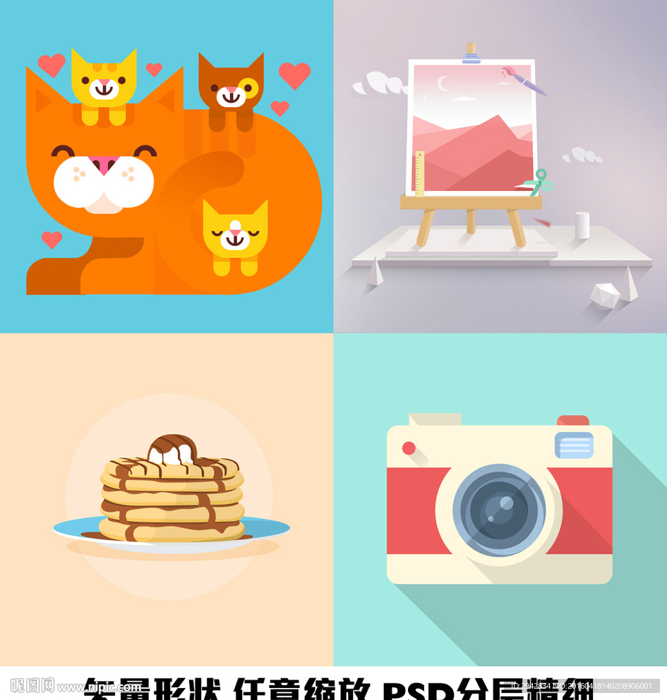 猫咪绘画煎饼相机矢量图案图形