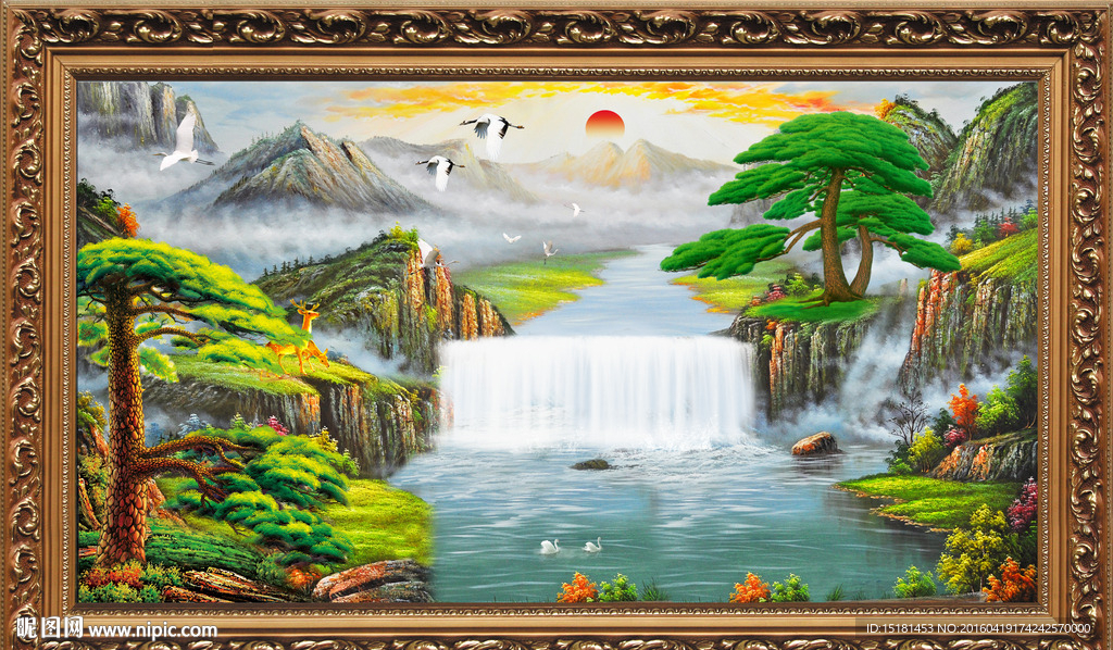 山水油画迎客松