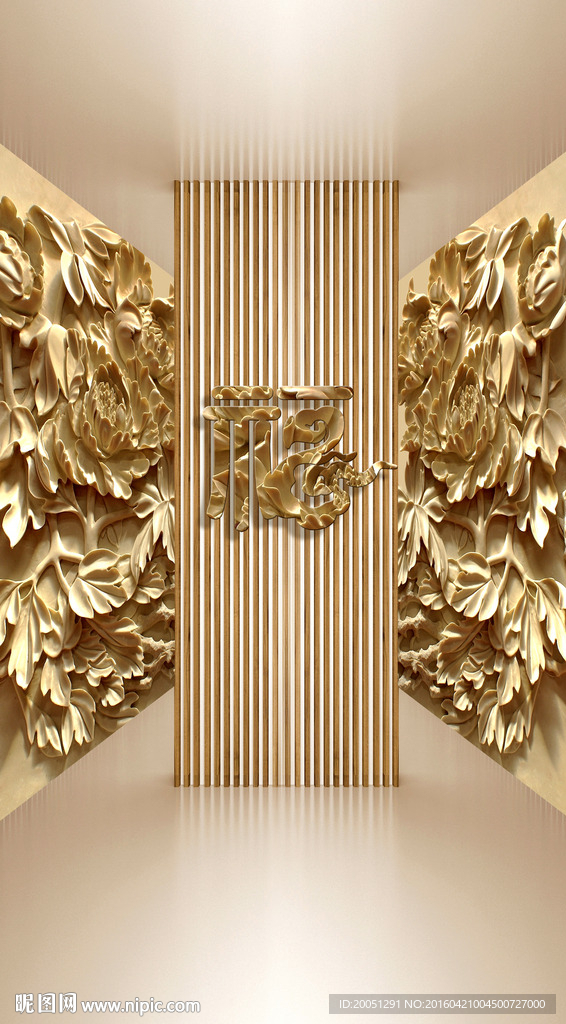 3d玄关背景墙 木雕牡丹