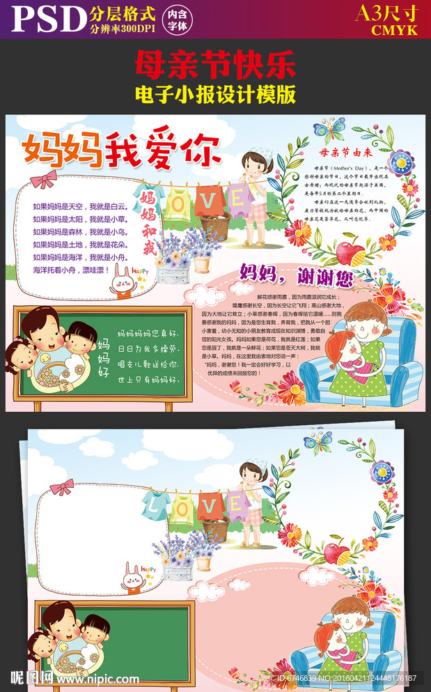快乐母亲节花朵郊游电子手抄报