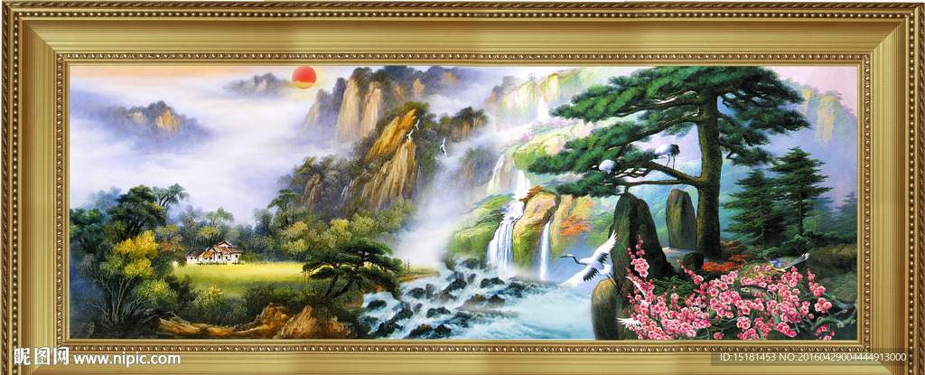 山水迎客松油画