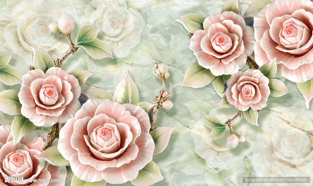 大理石底纹瓷器中式背景墙绘设计