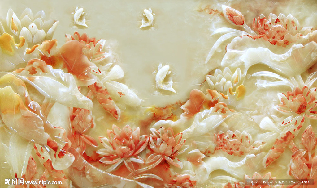 荷叶莲花鲤鱼玉雕壁画电视背景墙