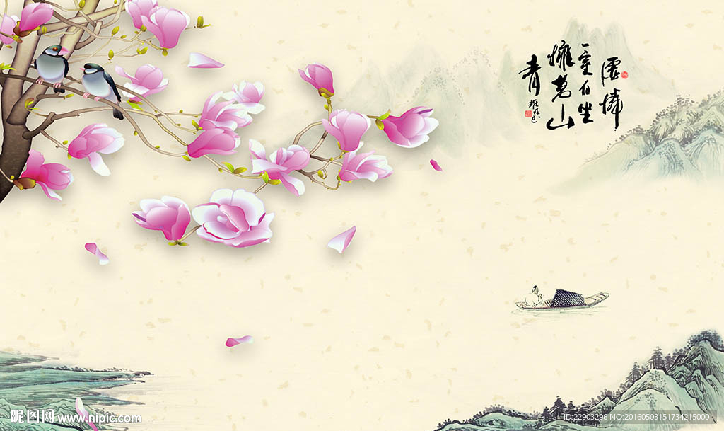 优雅中式山水花鸟背景墙