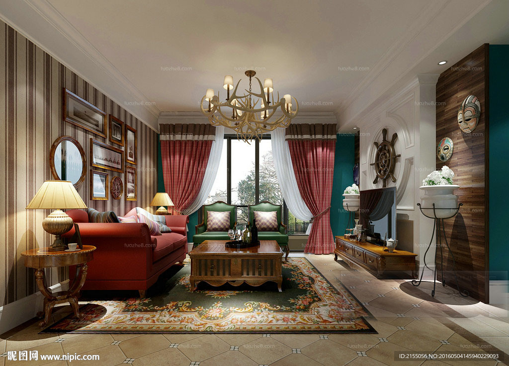 混搭风格室内客厅3d模型渲染图