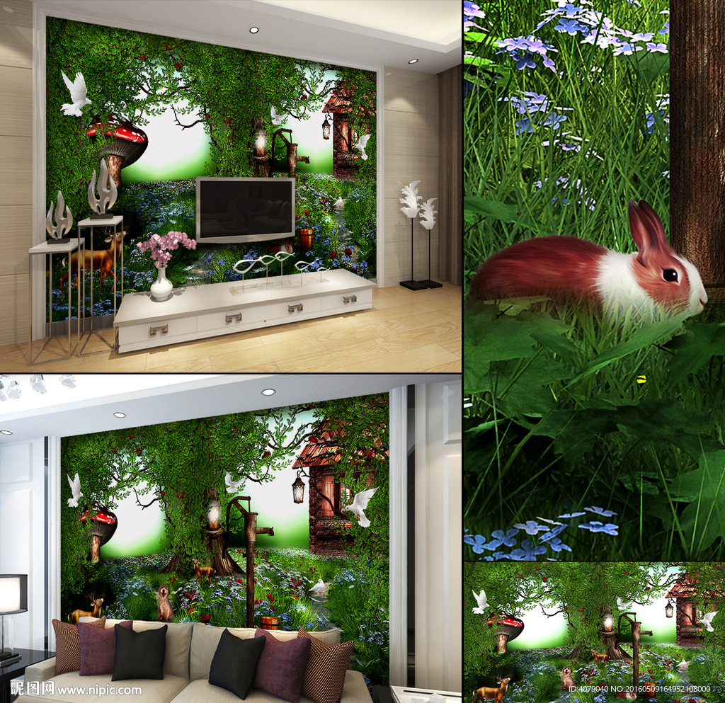 梦幻童话森林木屋风景电视背景墙