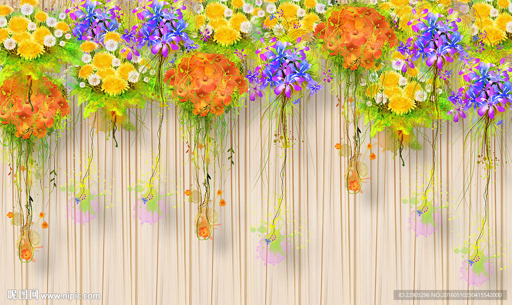现代简约优美花朵花卉木纹背景墙