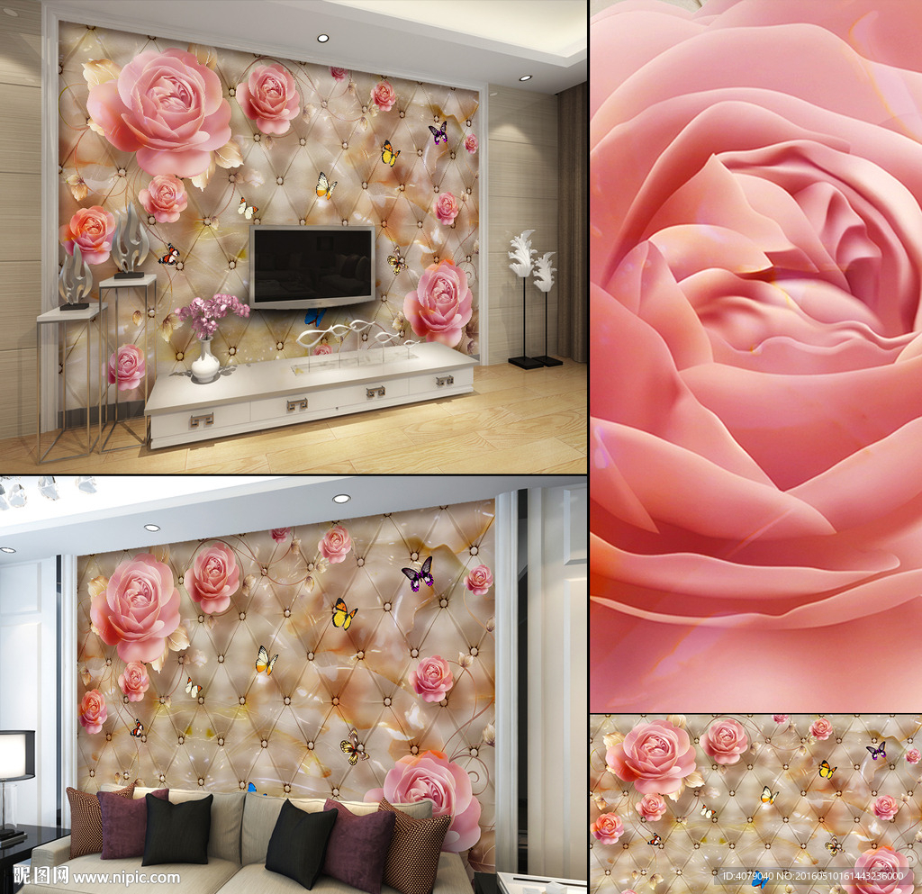 玉石浮雕玫瑰蝴蝶软包电视背景墙