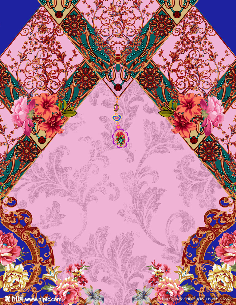 欧式卷草纹样花卉定位图案