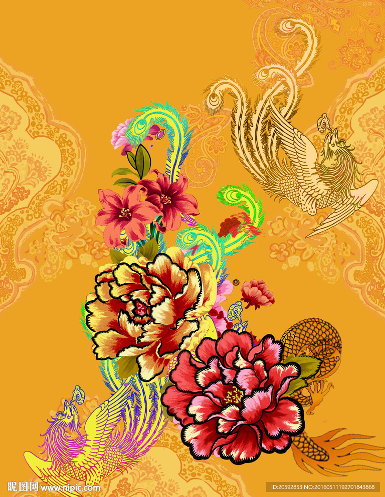 凤凰牡丹吉祥印花图案