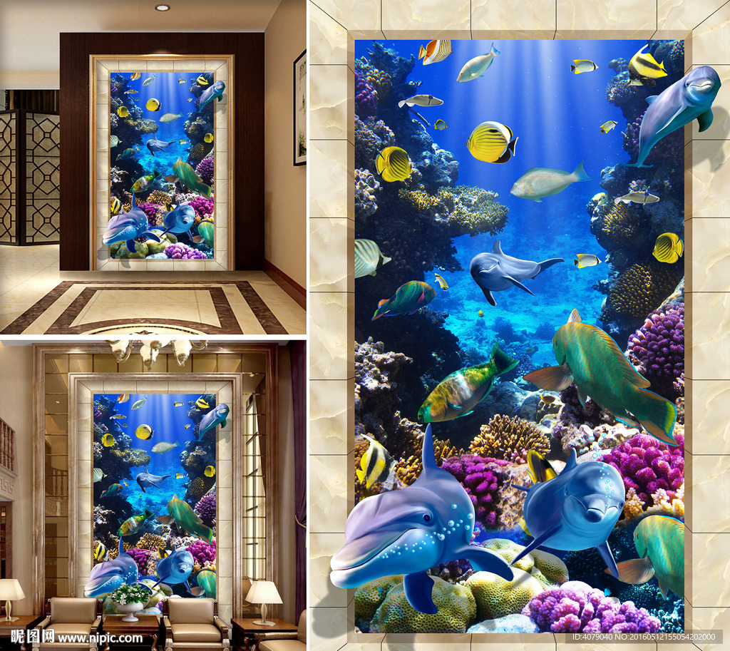 海底世界海豚3D背景墙壁画