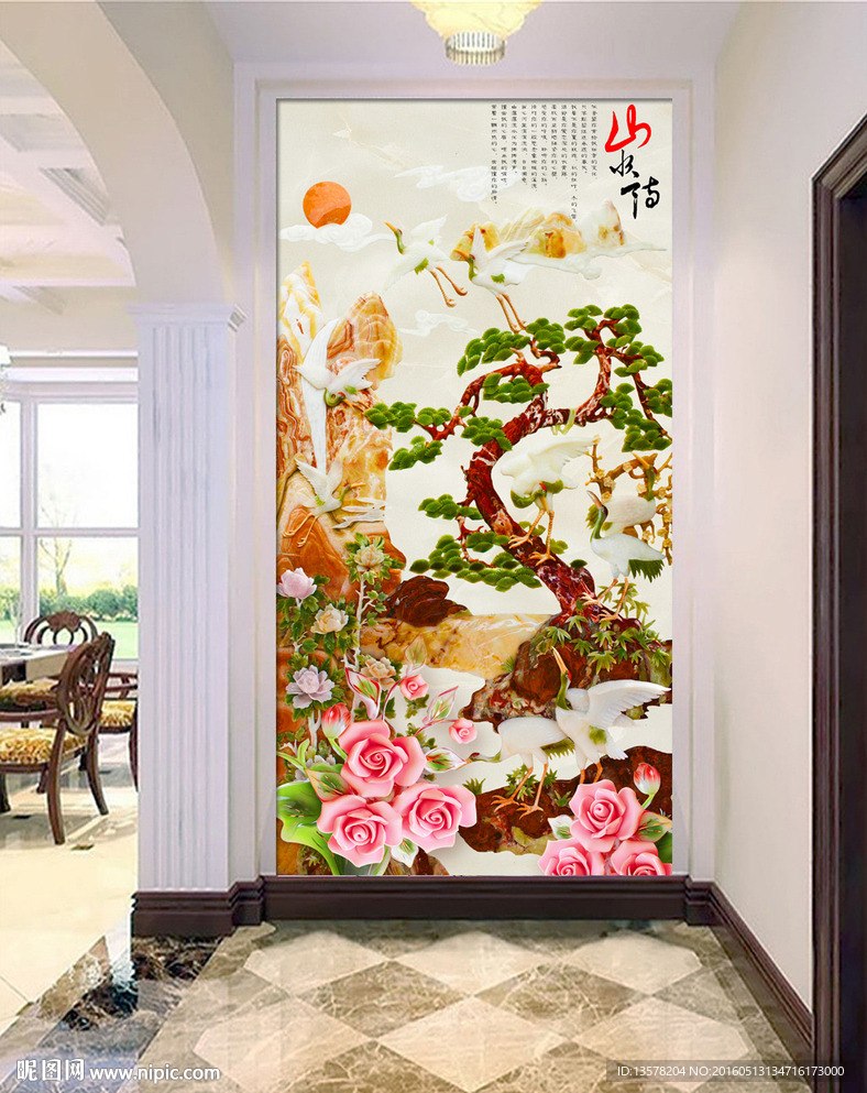 富贵山水画玄关装饰壁画