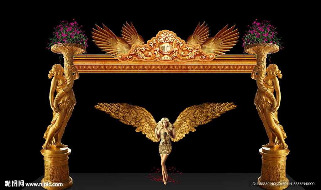 金色欧式天使罗马柱奢华婚礼门头