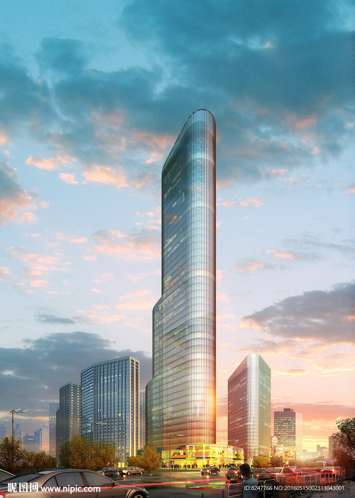 火烧云下的高层建筑效果图