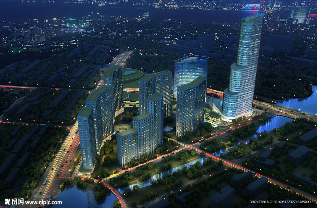 夜景鸟瞰商业住宅建筑效果图