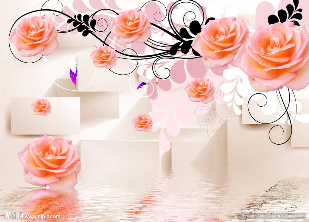 3D玫瑰花倒影