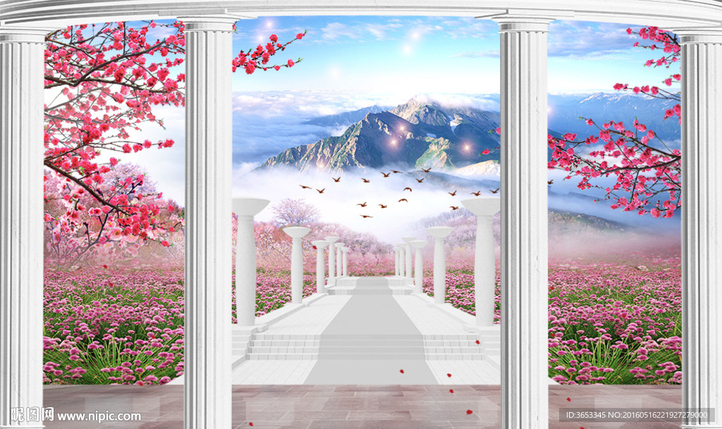 立体罗马柱写真樱花大道PSD