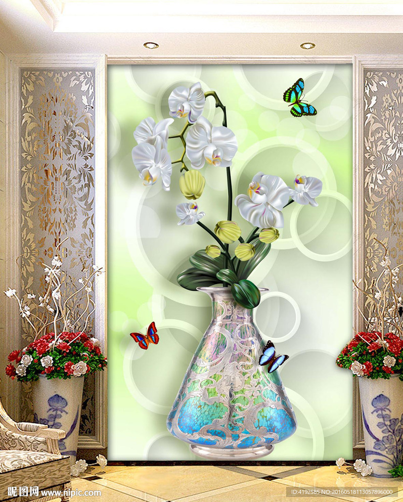 蝴蝶兰花瓶3D立体玄关背景墙