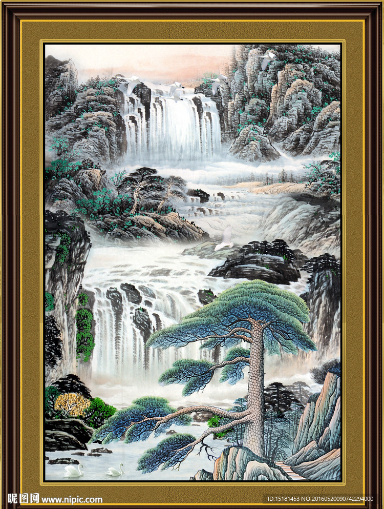 竖幅山水画迎客松