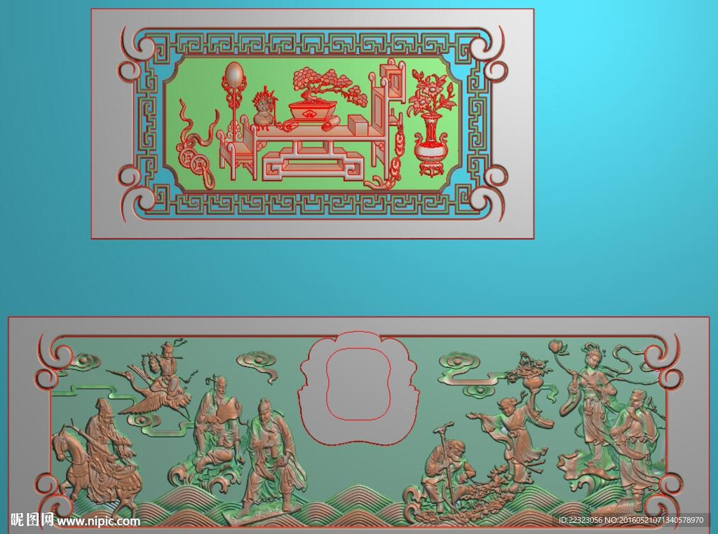 蓬莱仙境寿盒前八仙精雕图浮雕