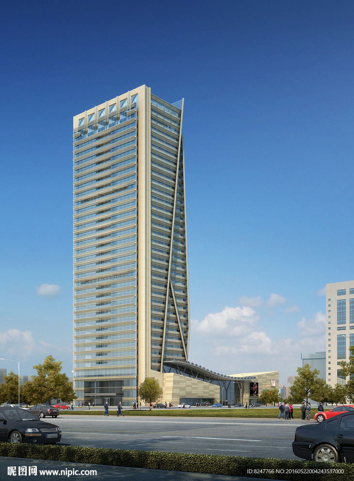 马路对面的商业大厦建筑效果图