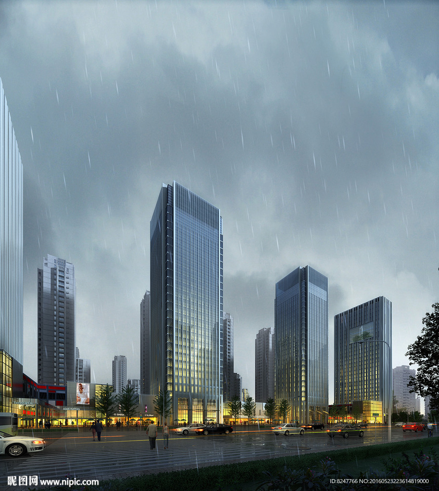 商业建筑群夜景建筑效果图