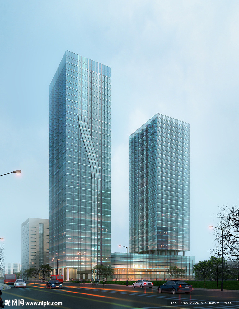 雨景玻璃体商业建筑效果图