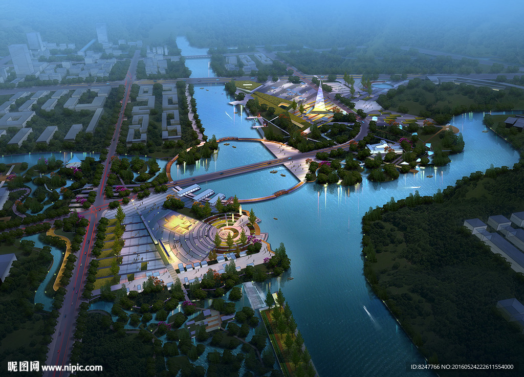 公园夜景鸟瞰建筑效果图