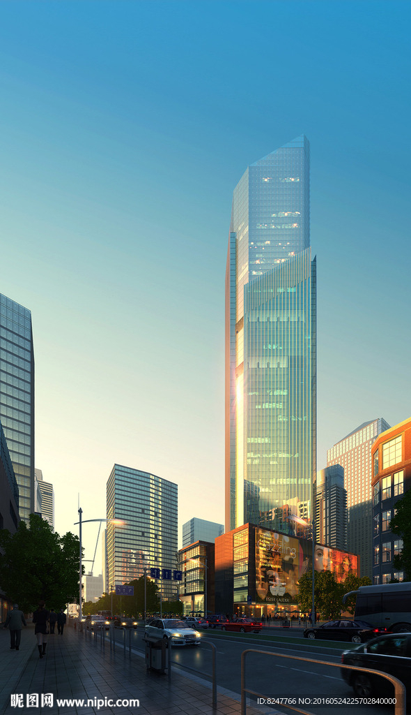 商业街黄昏高层建筑效果图