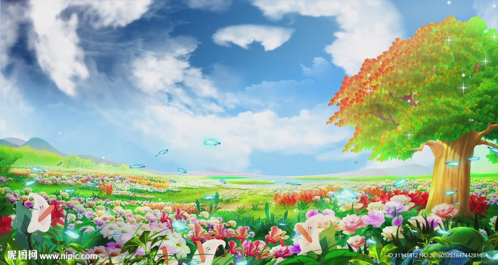 唯美花海蓝天白云大树卡通风景