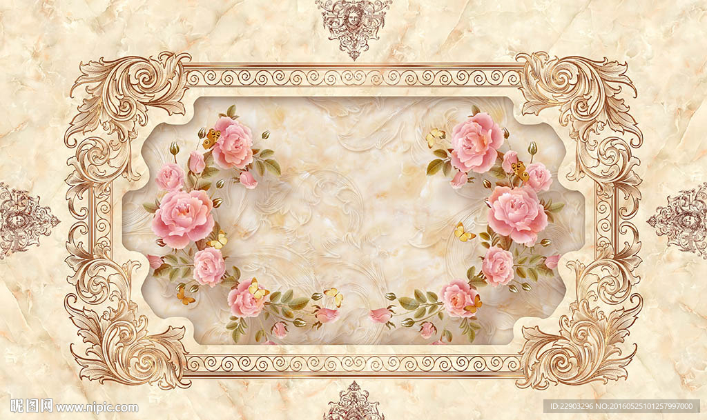 豪华大理石玫瑰花朵背景墙