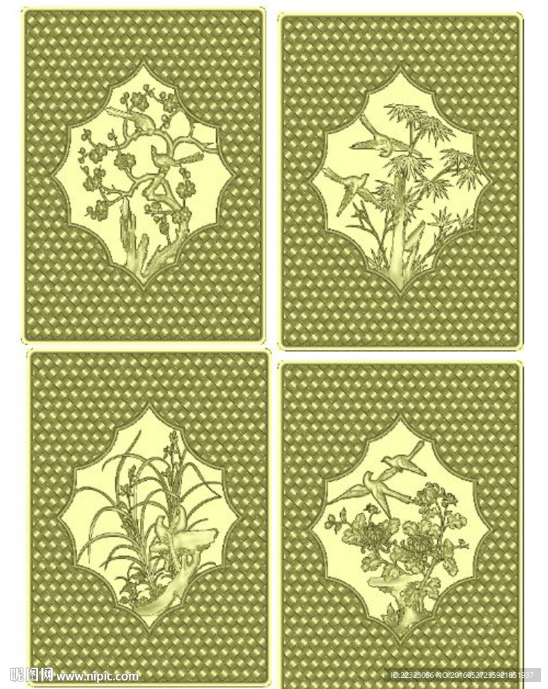 梅兰竹菊四季花鸟门板精雕浮雕