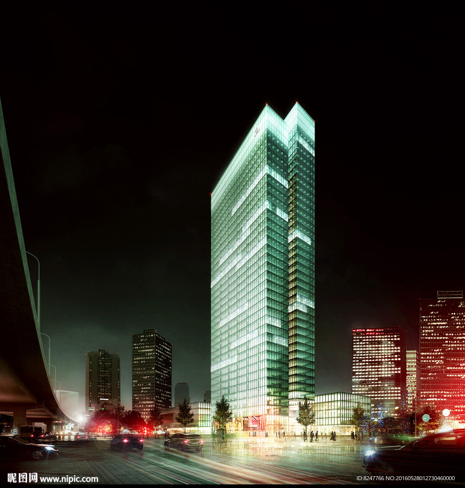 车水马龙玻璃高层建筑效果图