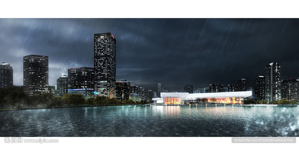 水边商务中心雨景建筑效果图