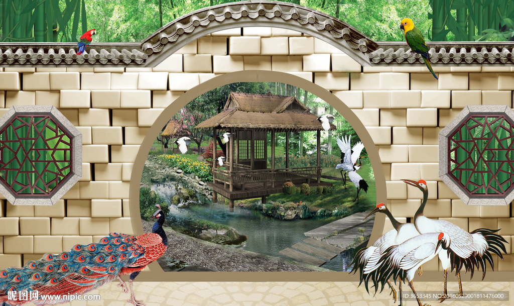 孔雀仙鹤庭院鹦鹉式韩式风格背景